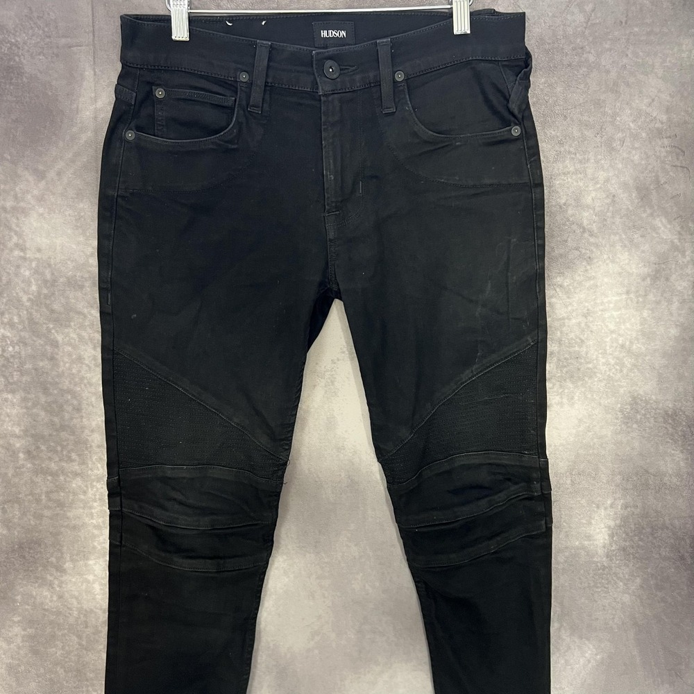 Hudson Ethan Biker Skinny Jeans Mens 30 Black Moto Stretch Denim Pants - Picture 2 of 13